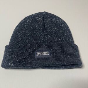 Victorias Secret PINK Knit Beanie Hat Logo Cuff Sparkly Gray Beanie